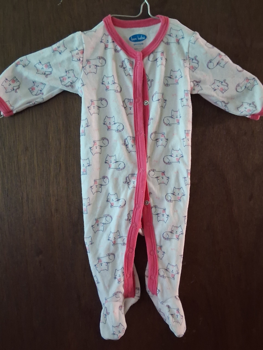 Bon Bebe White Footed One-Piece with Pink Trim and Kitty Print